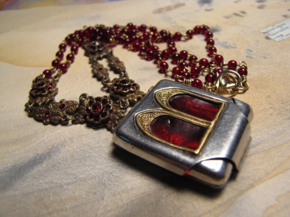 SALE 30% OFF Vintage Pocket Shrine, rhinestones, and pressed glass beads assemblage necklace