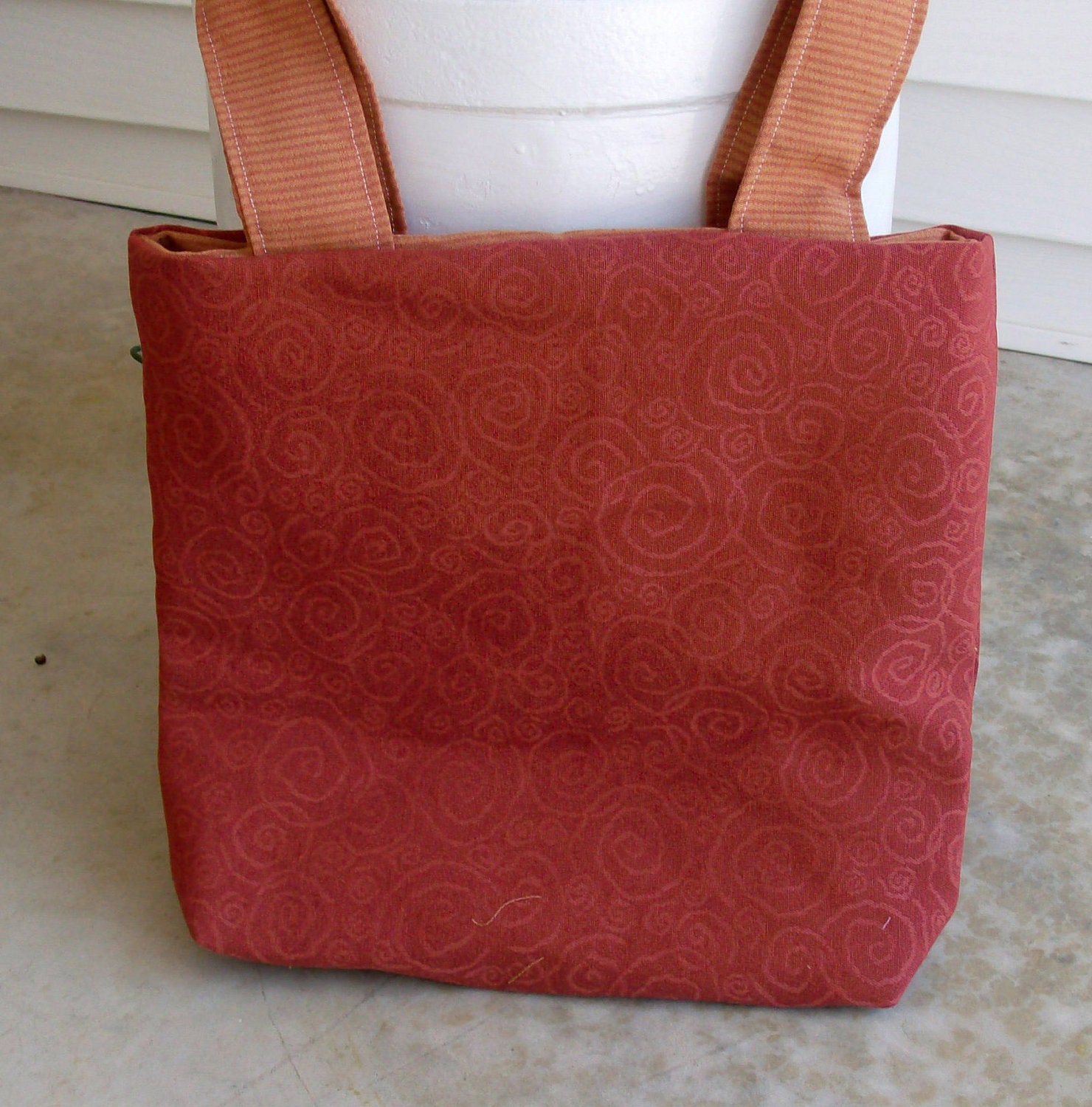 FREE SHIPPING / Red Swirl with Orange Horizontal Stripe Handles Tote Lined in Orange Horizontal Stripe Fabric