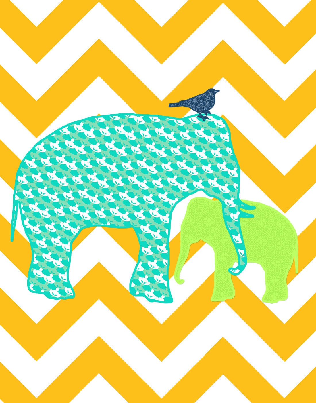 Chevron Elephants Wall Art Poster, Printable and Frameable, Mother and Baby Modern Print, Blue and Green, 11x14, 8x10, and 5x7
