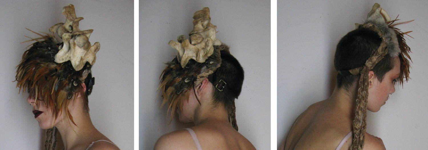 Cave girl cap. Leather fake fur, feathers and Vertebrae.