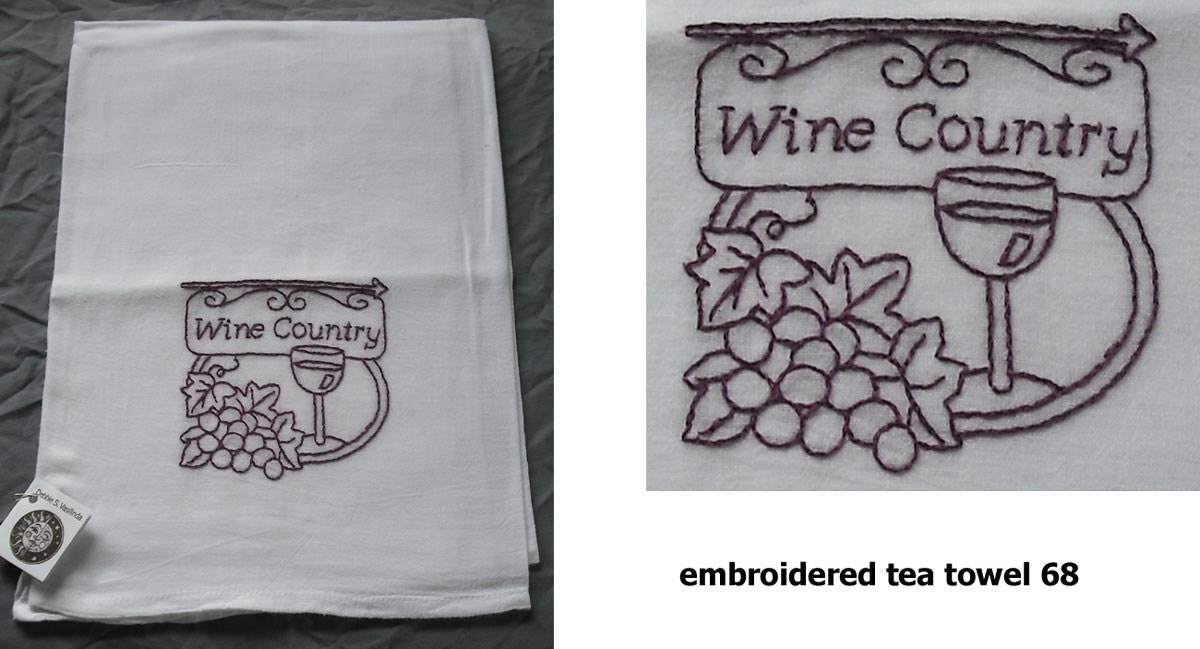Hand Embroidered Tea Towel Flour Sack Cotton - Wine Country Grapes Vineyard Winery Vino Kitchen Vintage Retro Cloth