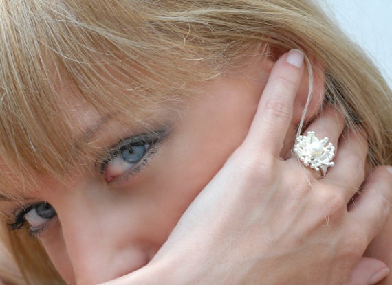 Pearl Ring - Sea Coral Inspired Silver Ring - Bridal Ring