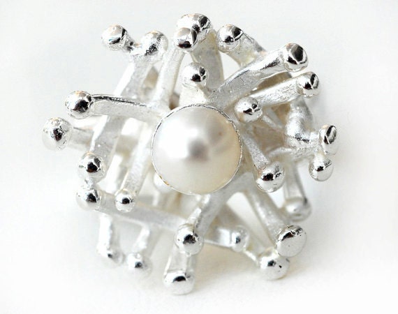 Pearl Ring - Sea Coral Inspired Silver Ring - Bridal Ring
