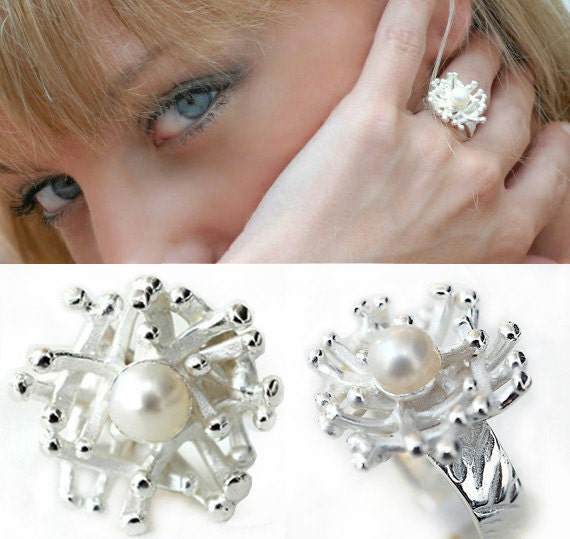 Pearl Ring - Sea Coral Inspired Silver Ring - Bridal Ring