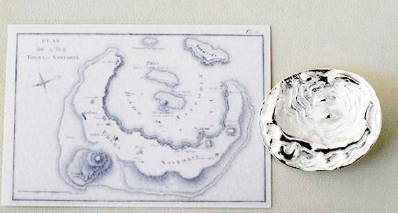 Santorini Map Unisex Necklace, Sterling Silver Pendant, Free Mini print 1800 Map, Mediterranean Greek, Wearable Art, Gift for Her & Him