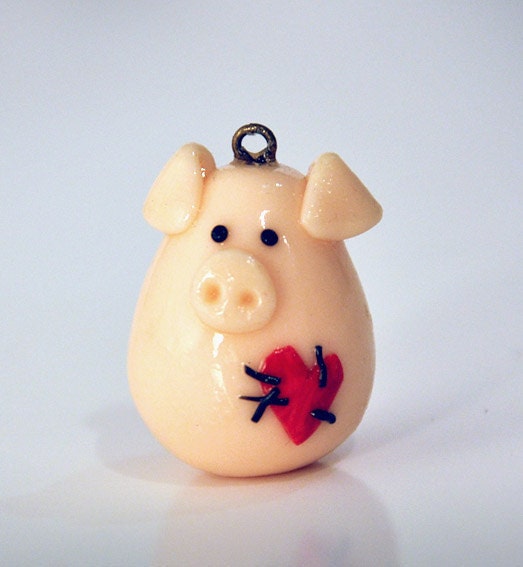 polymer clay heart piggy key chain