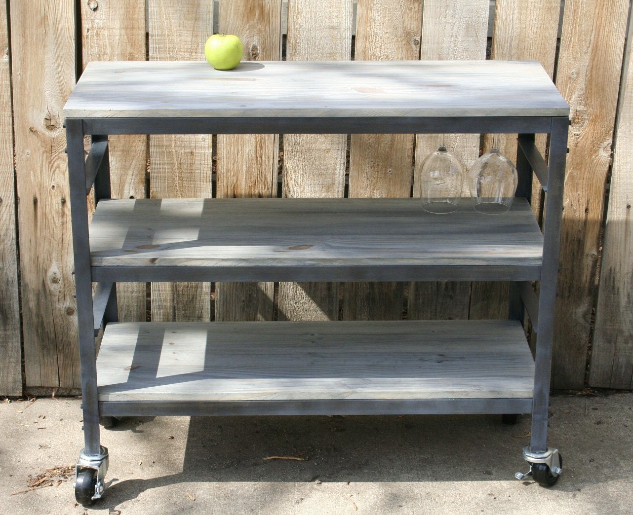 Handmade rolling scrap metal and wood table, wine cart, kitchen cart, book shelf