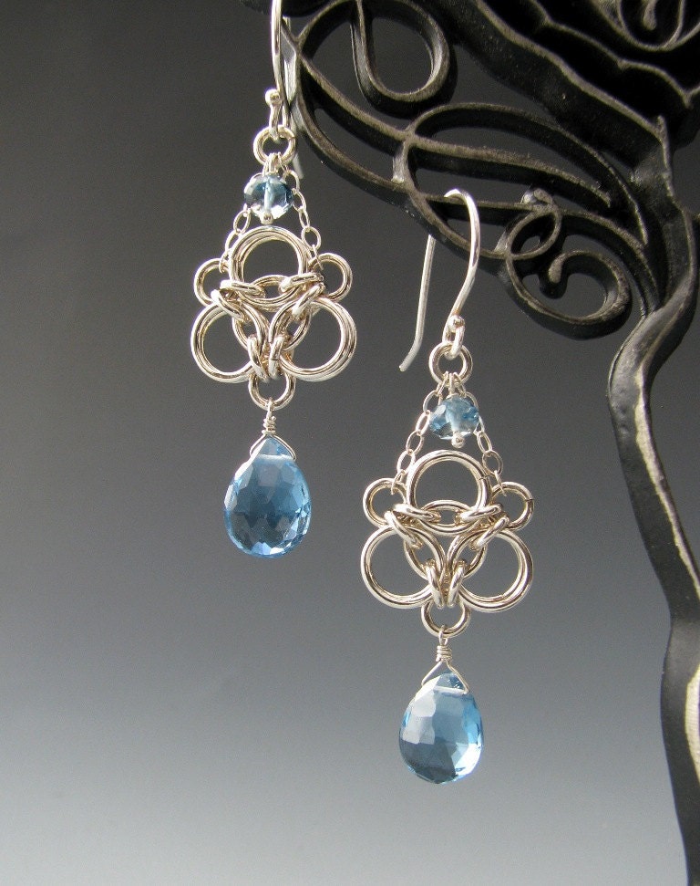 Aura Weave Chainmaille Earrings with London Blue Topaz