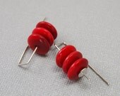 Modern Bold Earrings - Lexi Short Stack Simple Ethically-mined Sterling Silver with Eco Friendly Red Tagua Nut Disc