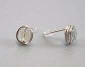 Palest Blue Wire-Wrapped Stud Earrings - Simple, Modern, Swarovski Crystal Square Cube Posts -Style Pixie  Rare Colour
