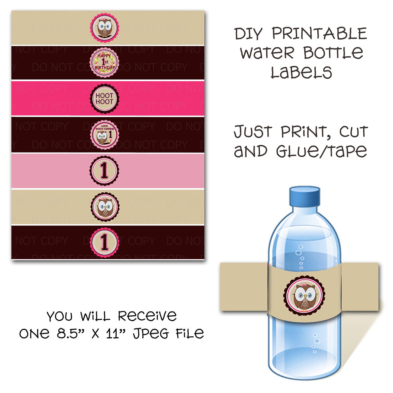 Printable DIY Owl First Birthday Theme Water Bottle Labels