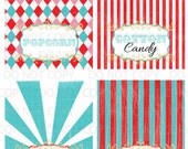 Printable DIY Vintage Circus colorful Table Tent Food Labels- 4 designs customized