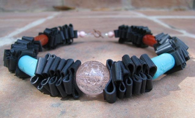 80's Black Licorice Repurposed Rubber Necklace with Acrylic Beads