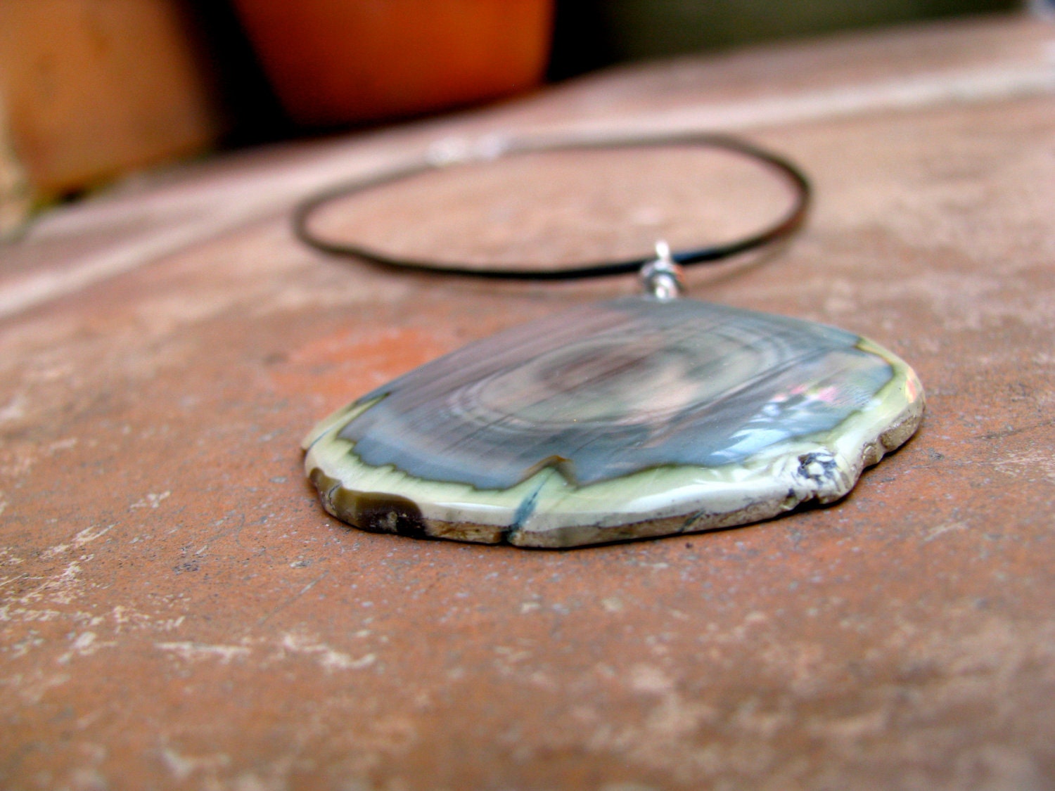 Unisex Polished Agate Sunset Stone Pendant with Sterling Silver and a Black Greek Leather Necklace