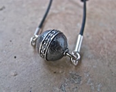 Round Oxidized Sterling Silver Ball Charm with Diamond Chips On A Knotted Greek Black Leather Chain