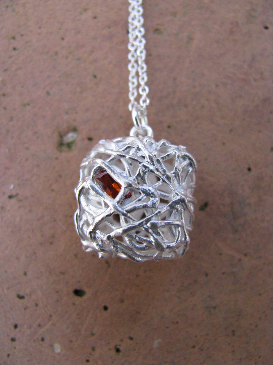 Handmade Fine Silver Square Pendant Filigree With Garnet Colored Rectangular Cubic Zirconia Inlay and Strung on a Sterling Silver Chain
