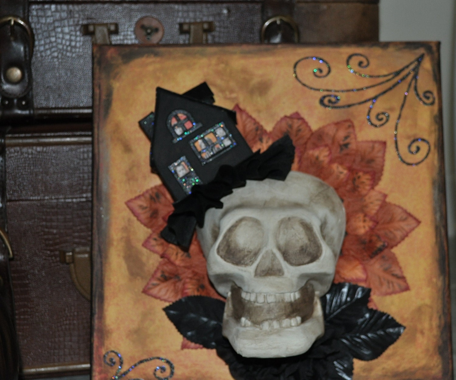 3D Altered Art Skeleton Head Halloween Wall Decoration Skull with House And Rose Collar