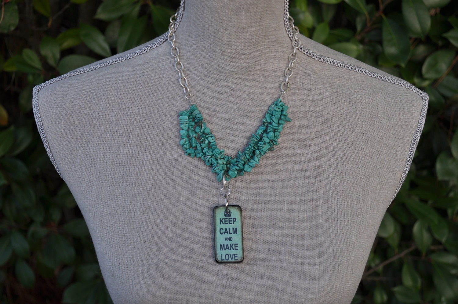 Turquoise and silver toned Necklace with Keep Calm Make Love Domino Pendant