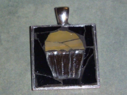 Mosaic caramel cupcake in silver plate pendant