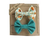 Floral Green - Girls Hair bows - Set of Two Bobby Pins