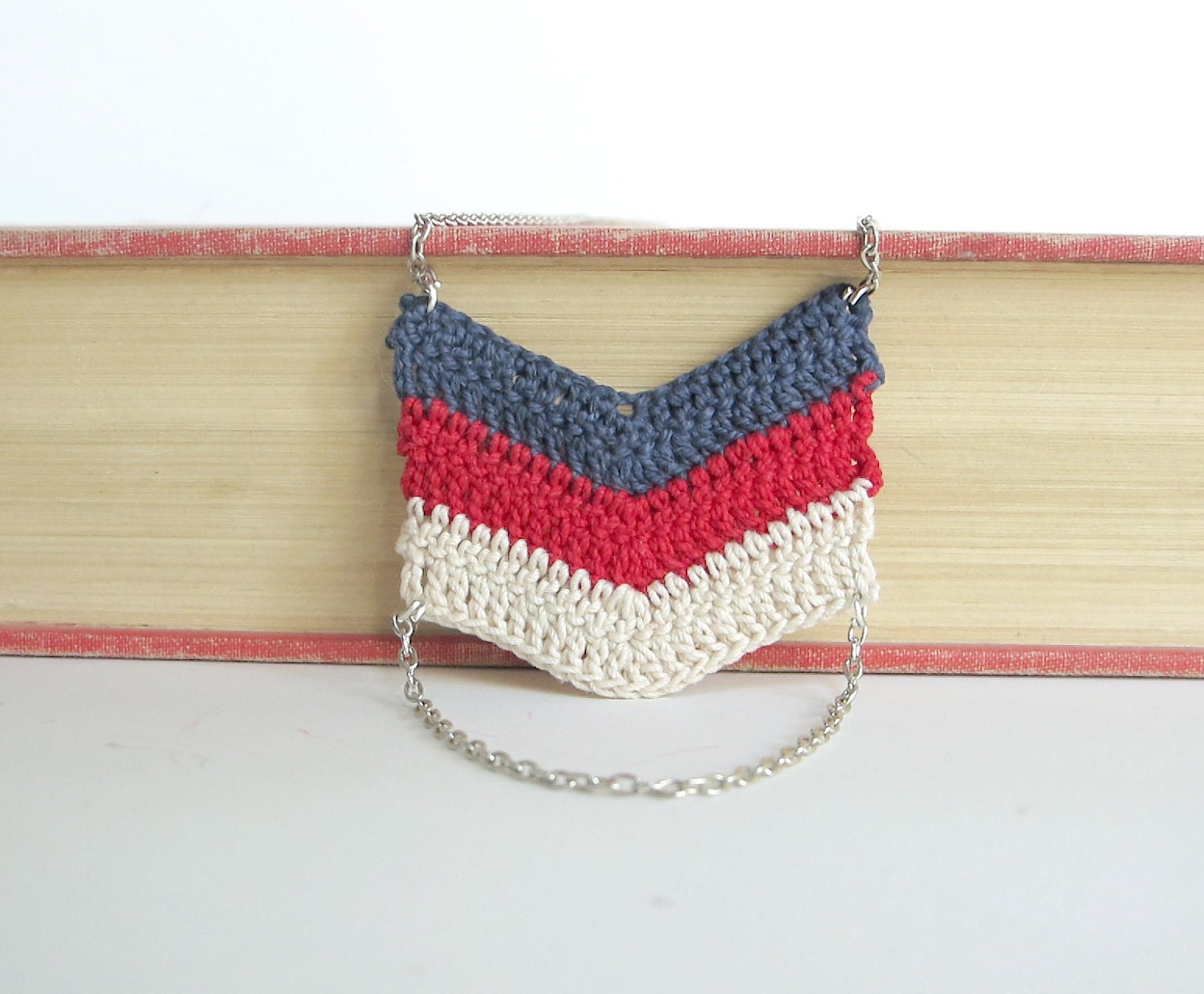 Chevron  Stripes Necklace - Navy Blue, Red, Ecru White with Silver Chain