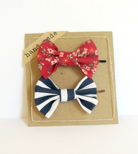 Hair bows - Set of Two Bobby Pins (Vintage Inspired Floral Red & Navy Blue Stripes)