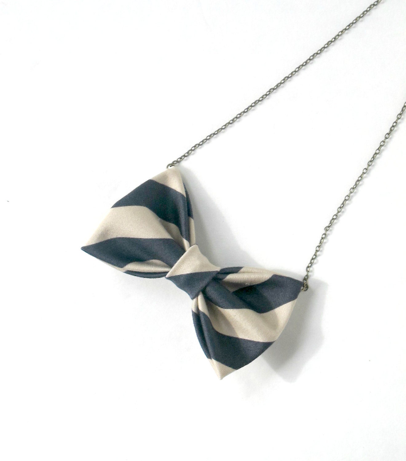 Tan with Navy Blue Stripes - Bow Tie Necklace
