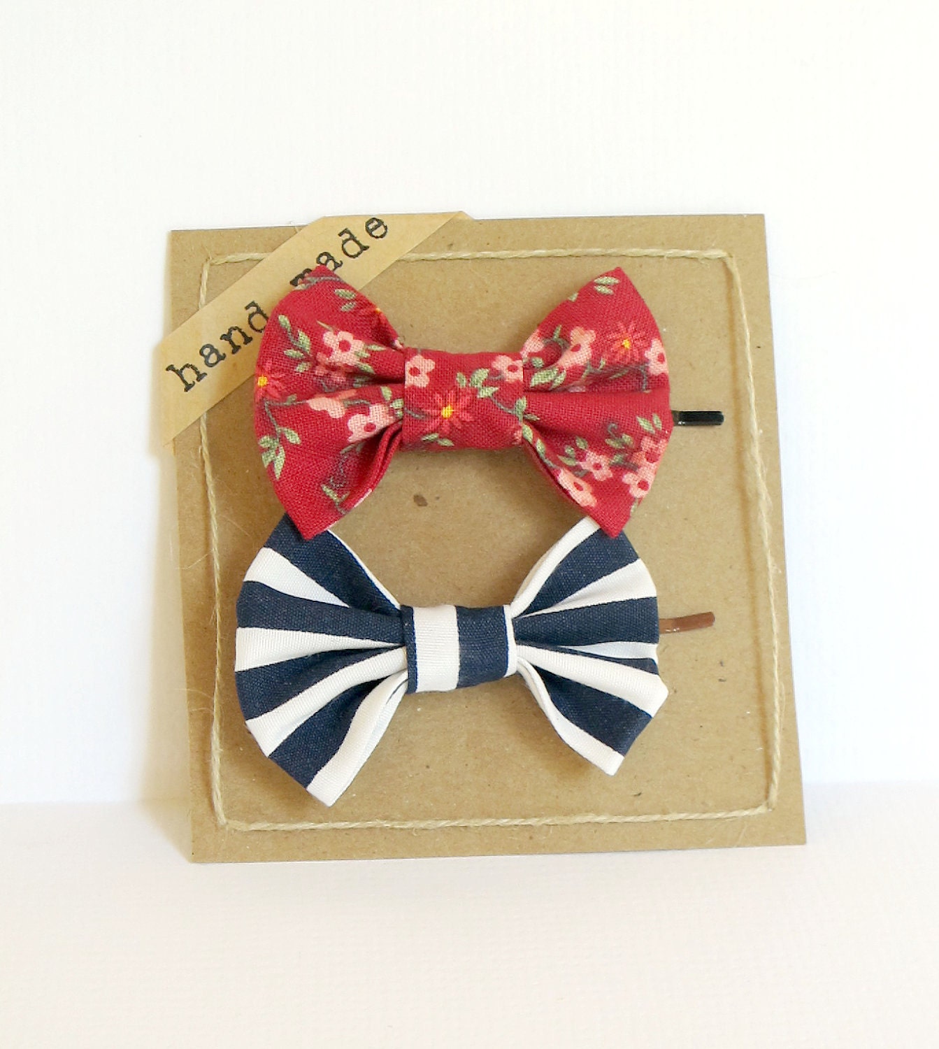 Hair bows - Set of Two Bobby Pins (Vintage Inspired Floral Red & Navy Blue Stripes)