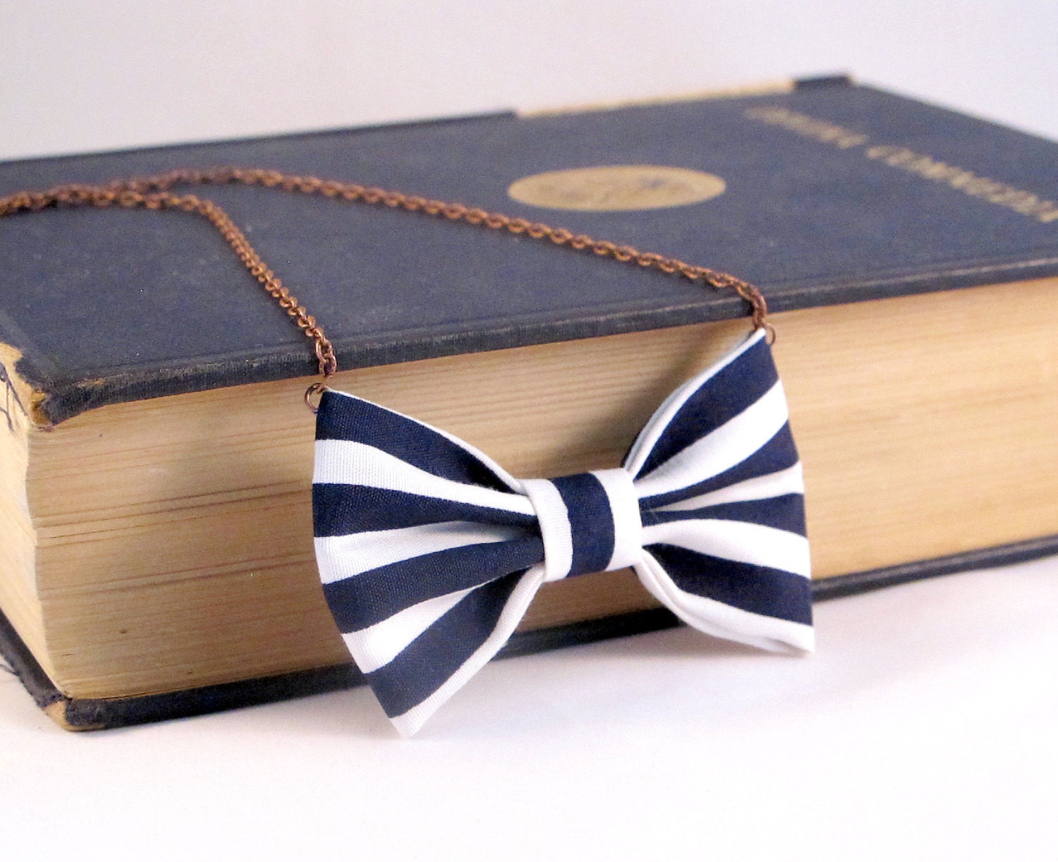 Nautical Stripes Bow Tie Necklace - White and Blue Navy