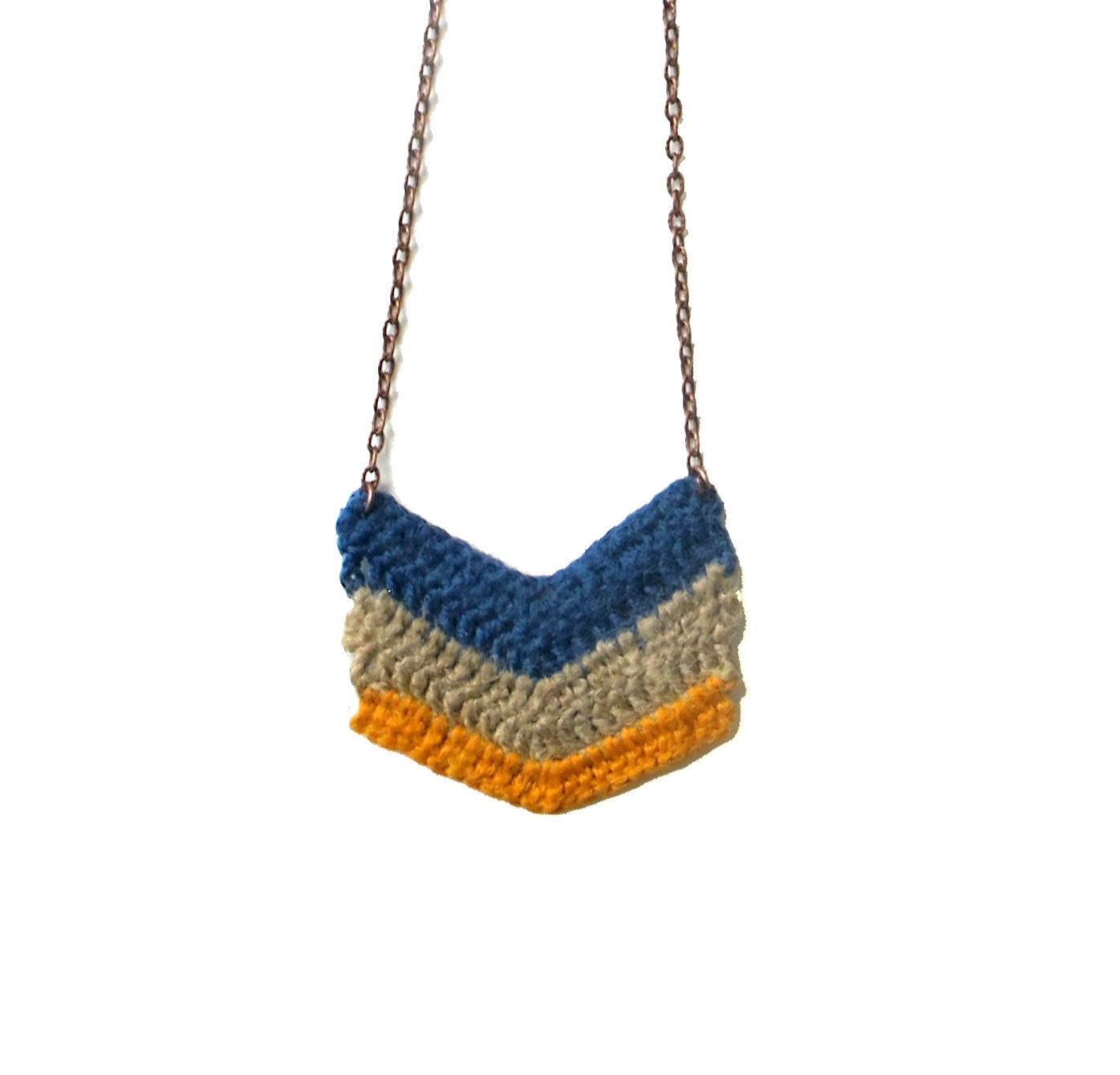 Blue, Beige, Yellow Stripes - Chevron Crocheted Necklace
