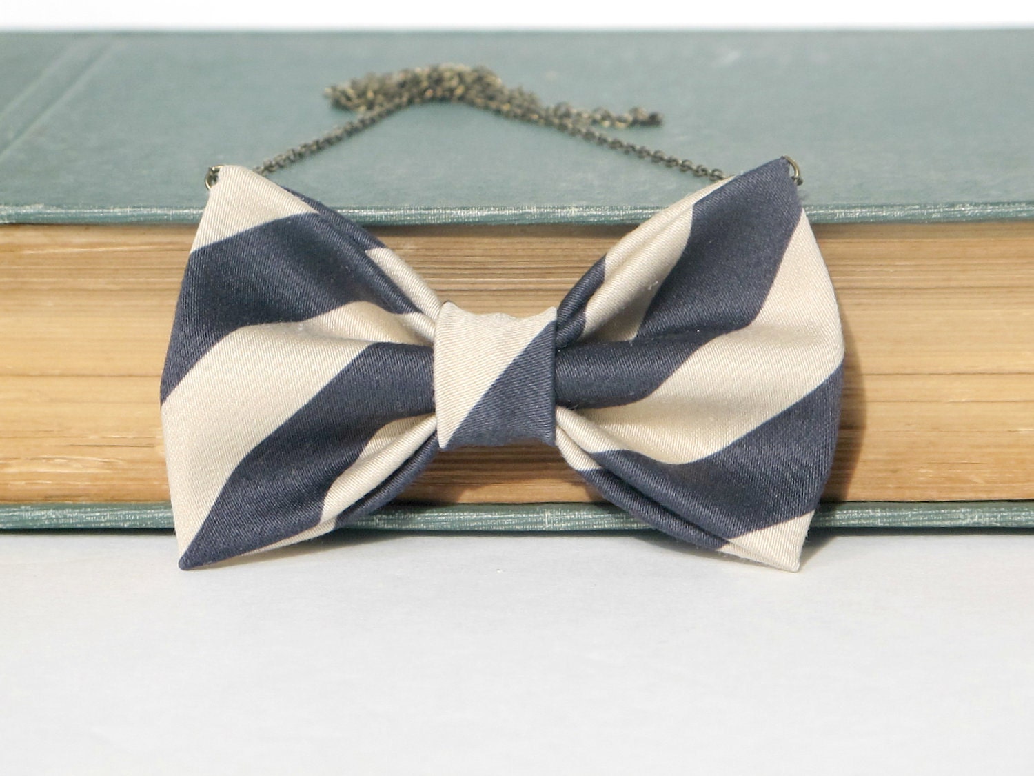 Tan with Navy Blue Stripes - Bow Tie Necklace