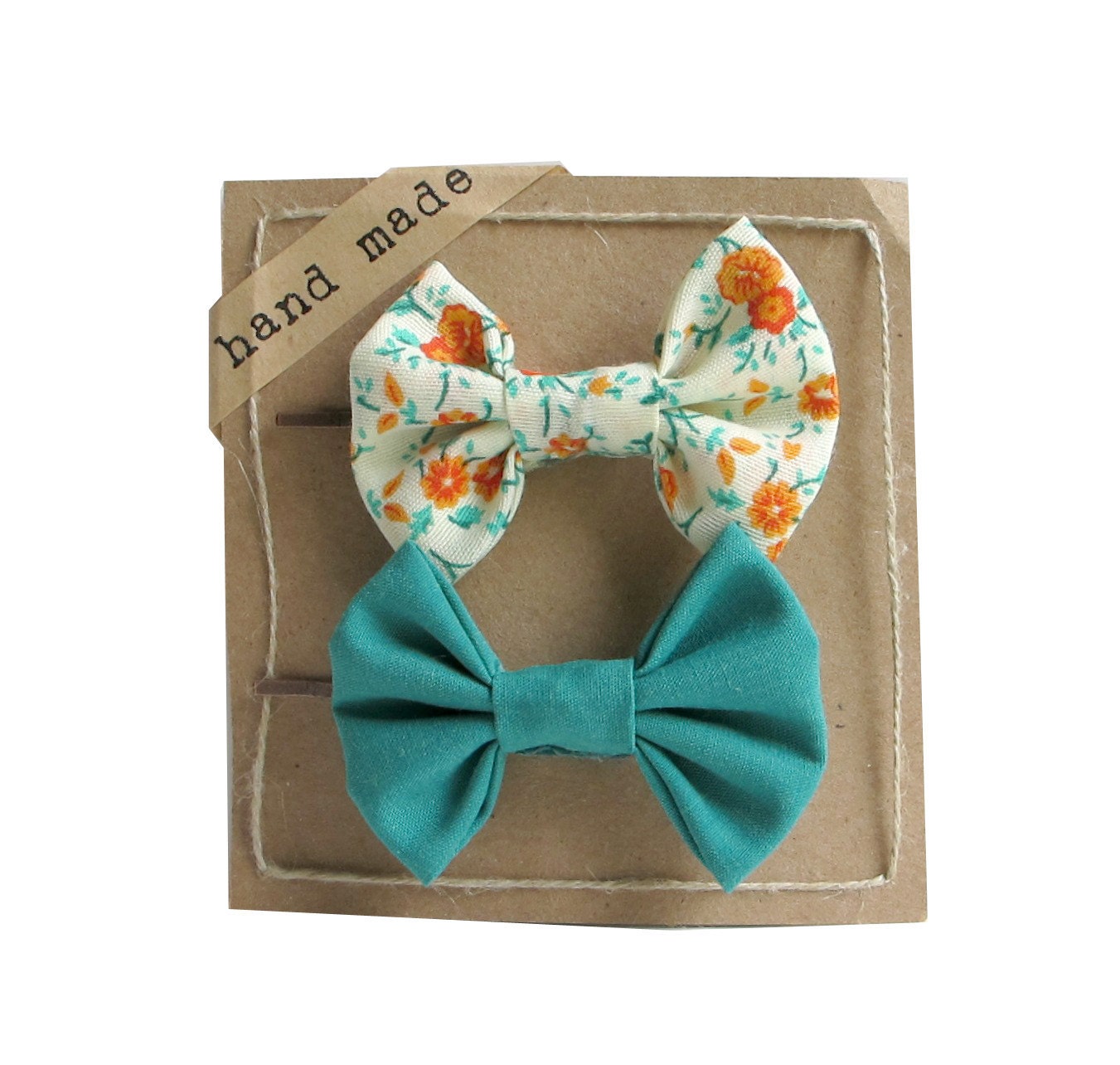 Floral Green - Girls Hair bows - Set of Two Bobby Pins