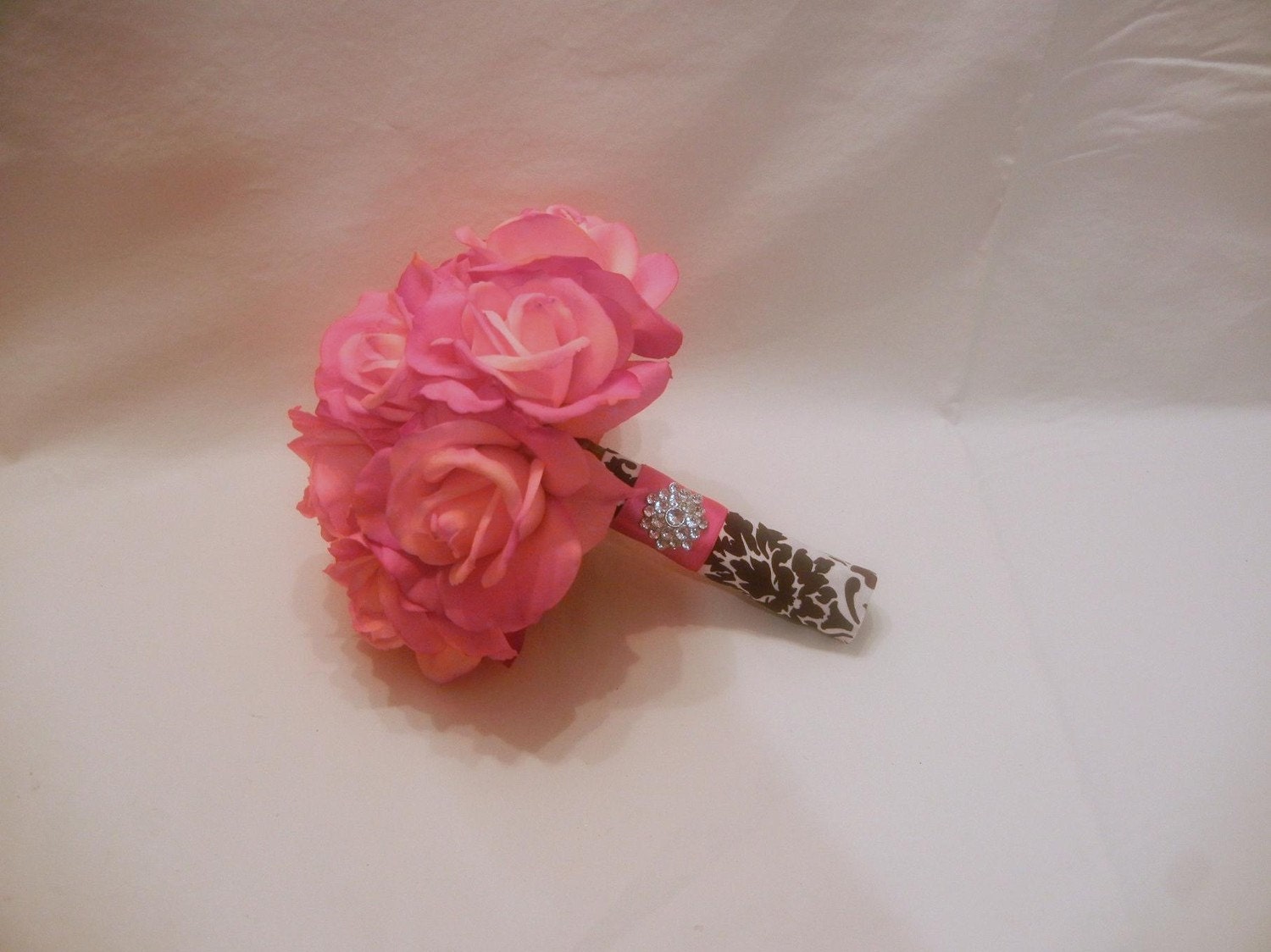 Small Real Touch Hot Pink Rose Bridal Bouquet wrapped in Damask
