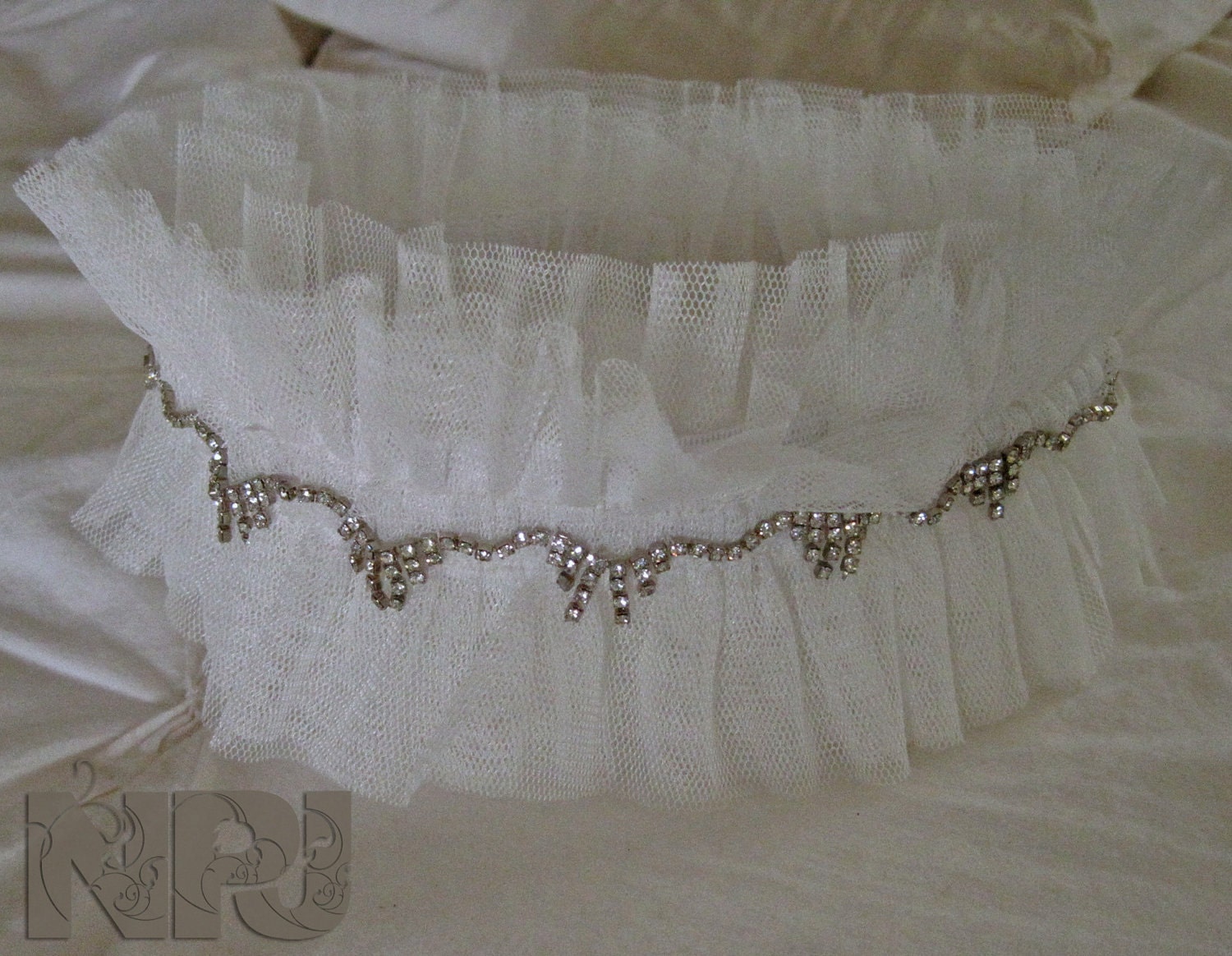 SALE White Tulle Pure Princess Garter with Rhinestones