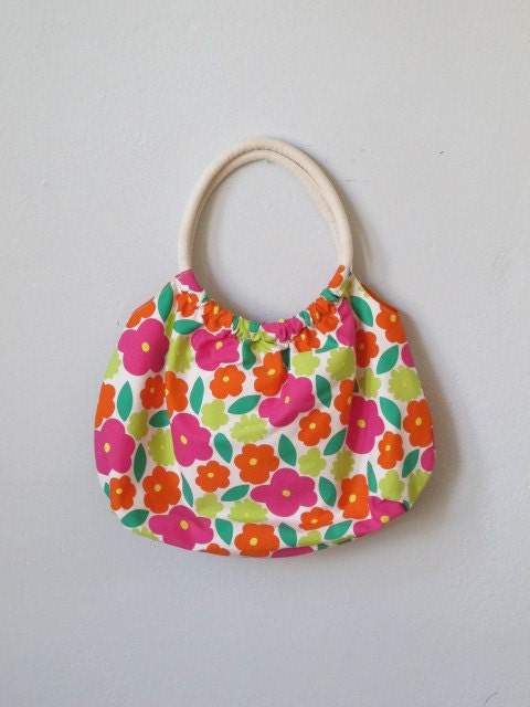 Vintage 70s Linen Floral Purse Tote Handbag Circle Handles
