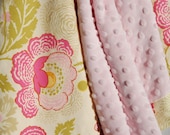 Minky Baby Blanket - Amy Butler Fuchsia Fresh Poppies with Light Pink Minky Dot for your Baby Girl - Ready to Ship