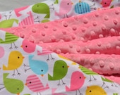 Toddler Size Baby Girl Minky Blanket - Robert Kaufman Birds in Spring with Paris Pink Minky - Ready to Ship