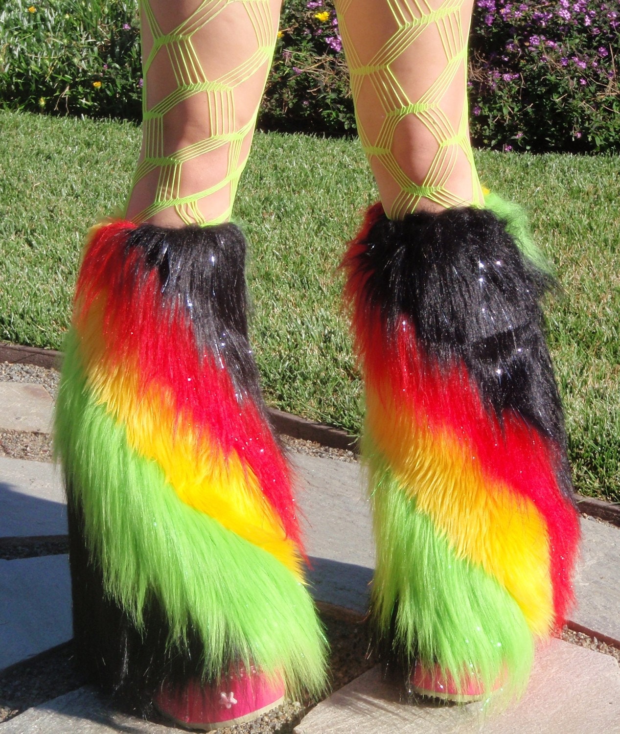 Furry Boot Covers, SpARkLe RASTA SWIRL, Leg Warmers , Red Yellow Green, Kandi Kane Style Go Go Fluffies