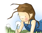 Illustration Girl Dandelion Print Summertime -Brunette