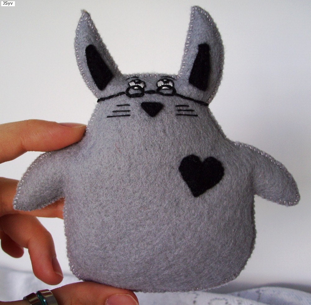 The Office Worker Bunny Small Grey Hand Sewn Wool Rabbit Plushie with Glasses