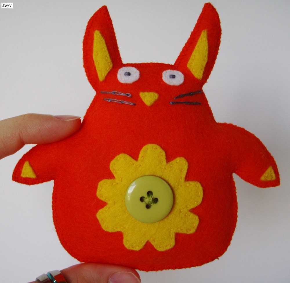 Small Orange Hand Sewn Wool Rabbit Plushie with Yellow Flower and Vintage Green Belly Button