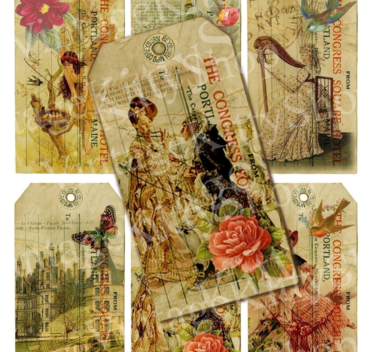 Vintage Victorian Marie Antoinette Eiffel Tower Birds Rose Fairy Angel Girl Gift Tags Labels Digital Collage Sheet clip art Images Sh012