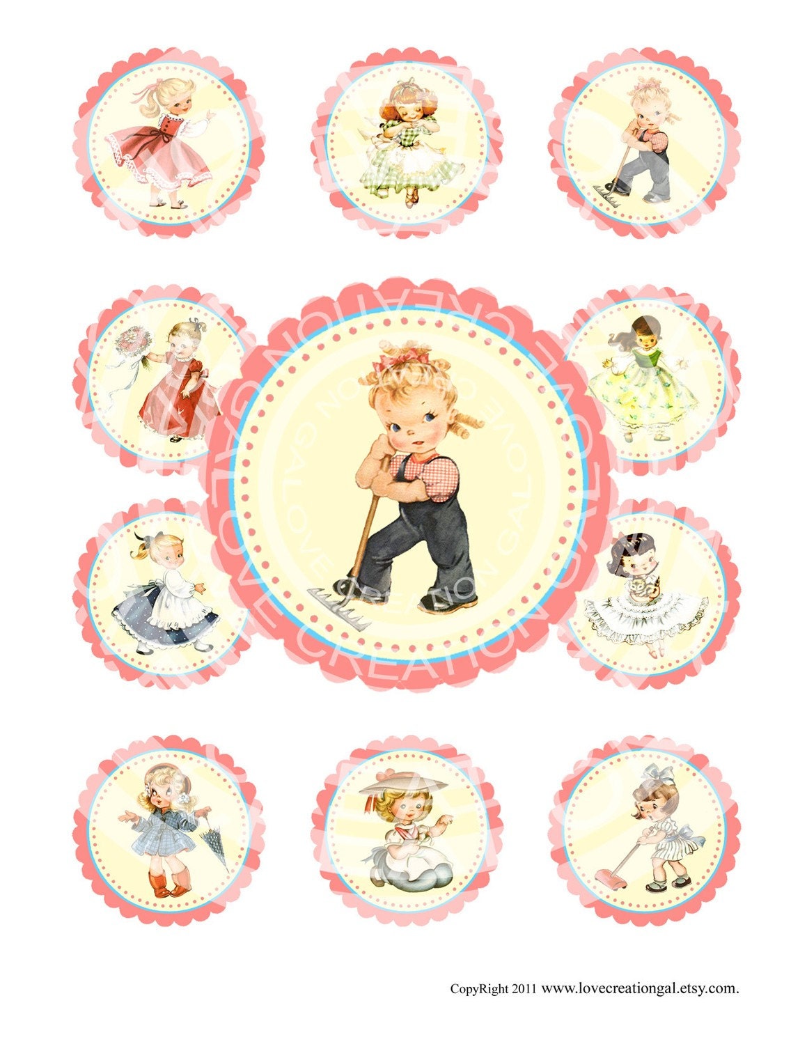 Printable Digital Vintage Girl Birthday Tea Party Celebrate Children Cupcake Cake Topper Circle Labels Sticker Gift Tag Sheet Images Sh083