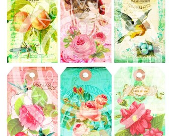 6 Vintage Birds Nest Egg Rose Butterflies Kitty Cat Paris French Shabby Candle ACEO Background Labels Digital Collage Sheet Images Sh095