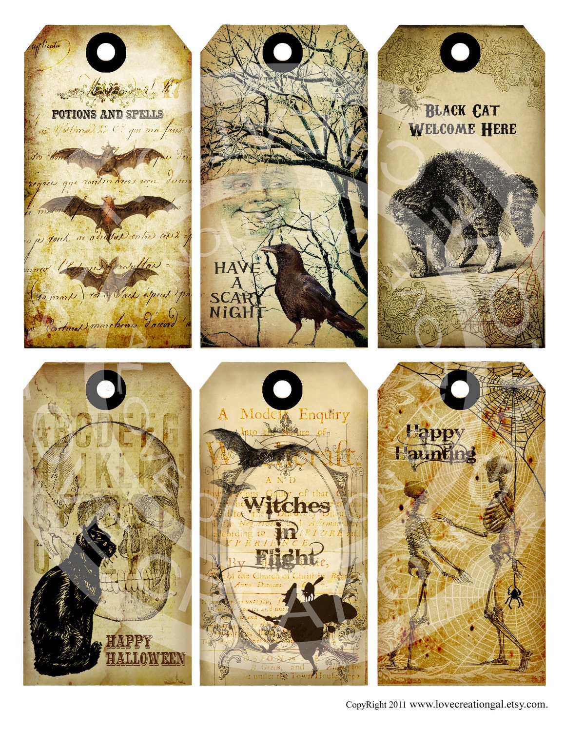 Vintage Halloween Witches Spider Ghost Skeletons Cat Bat Celebrate Party Labels Antique Thank You Gift Price Tags clip art Images Sh177