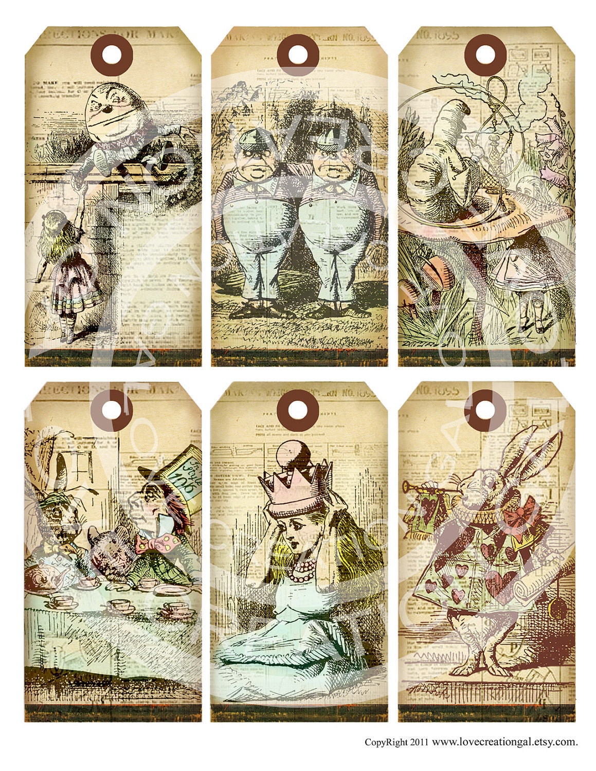 Vintage Shabby Chic Alice in Wonderland Bunnies Tea Birthday party Children illustration book Cards Tags Digital Collage Sheet Images Sh226