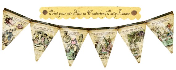 Vintage Alice in Wonderland Birthday Halloween Tea Party Celebrate Story book Banner Flag Burlap Postcard Digital Collage Sheet Images Sh193