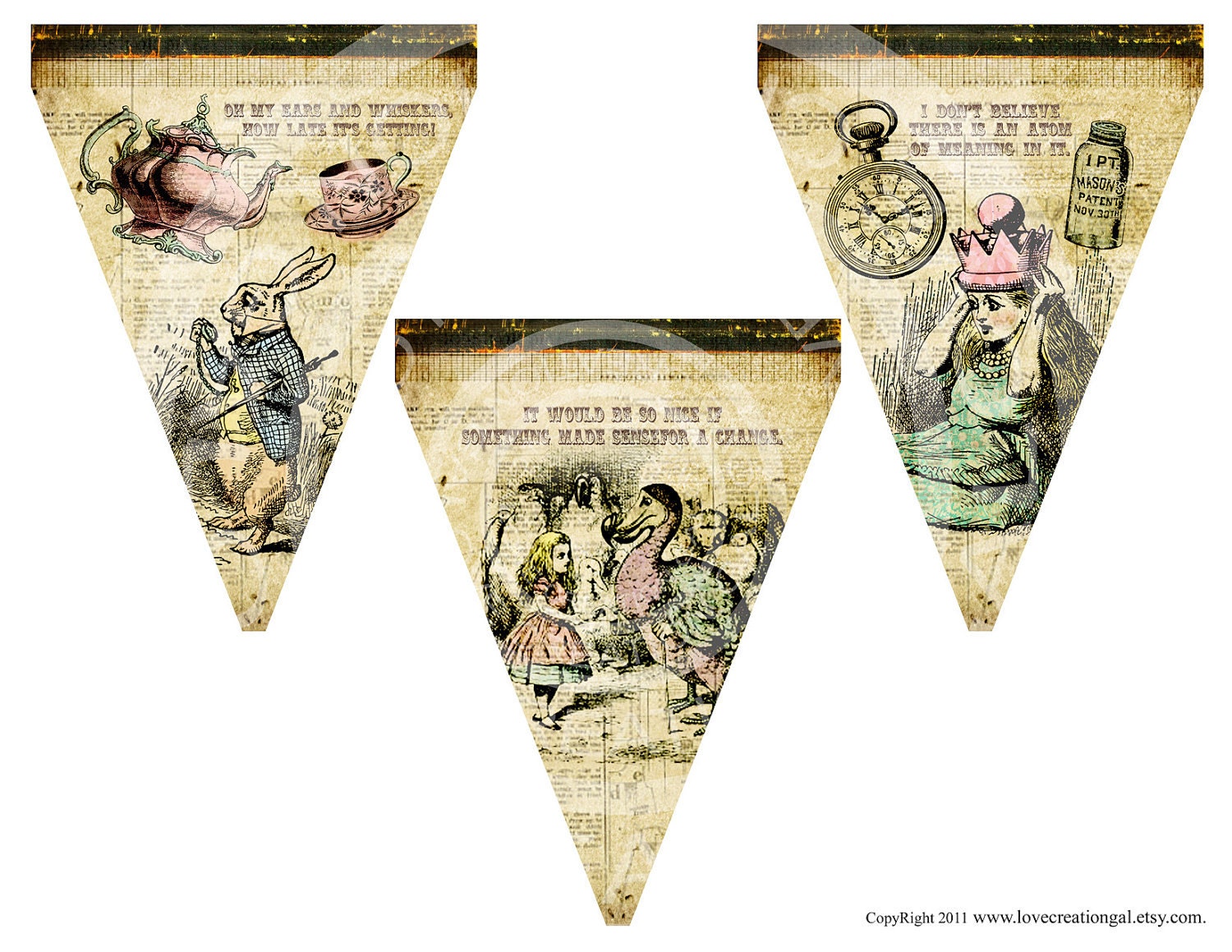 Vintage Alice in Wonderland Birthday Halloween Tea Party Celebrate Story book Banner Flag Burlap Postcard Digital Collage Sheet Images Sh193