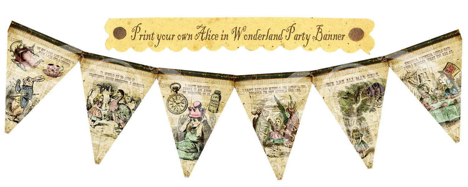 Vintage Alice in Wonderland Birthday Halloween Tea Party Celebrate Story book Banner Flag Burlap Postcard Digital Collage Sheet Images Sh193