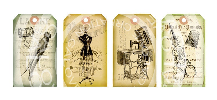 Vintage Shabby Chic Dress form Sewing machine Buttons thread Clothes pin Gift Price Tags Paris ACEO Cards Digital Collage Sheet Images Sh137